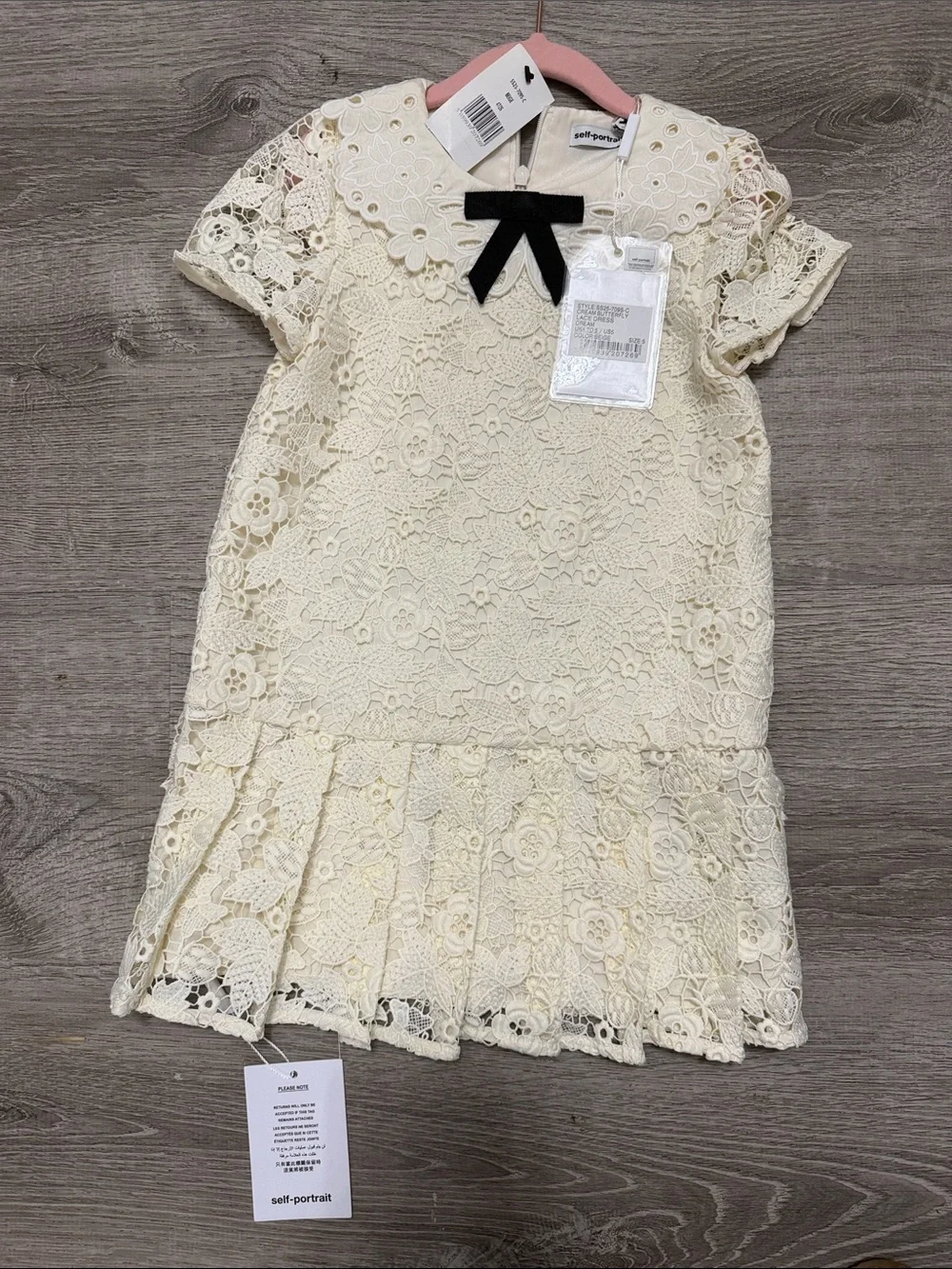 Self-Portrait Cream Lace Girls' Dress with Black Bow